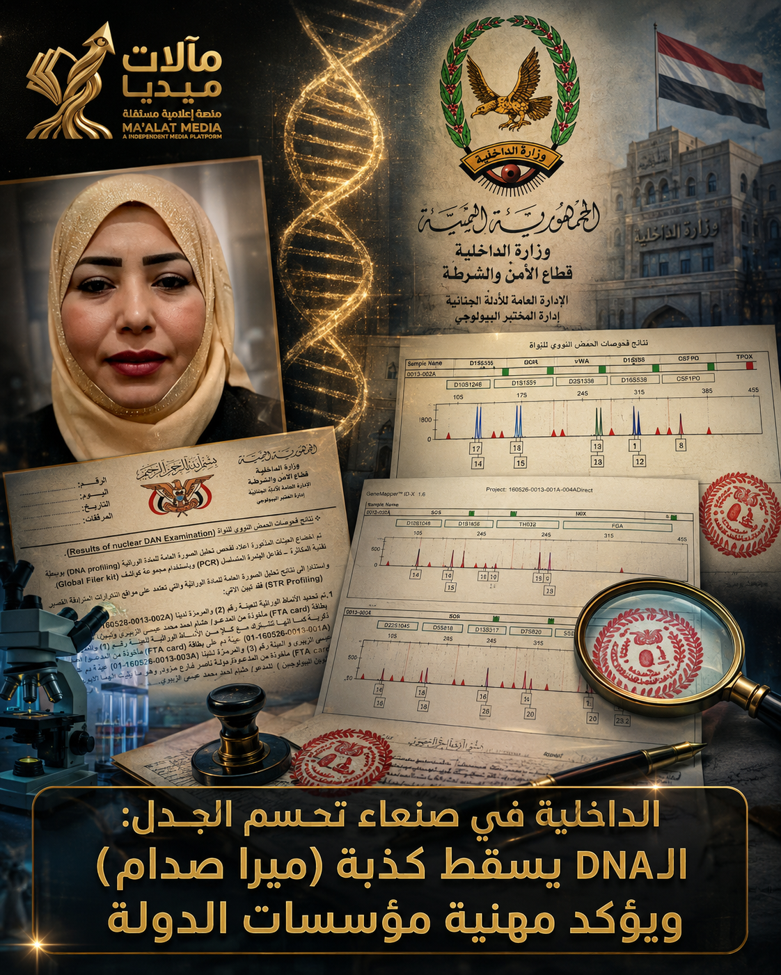 “الداخلية في صنعاء تحسم الجدل: الـDNA يسقط كذبة (ميرا صدام) ويؤكد مهنية مؤسسات الدولة”